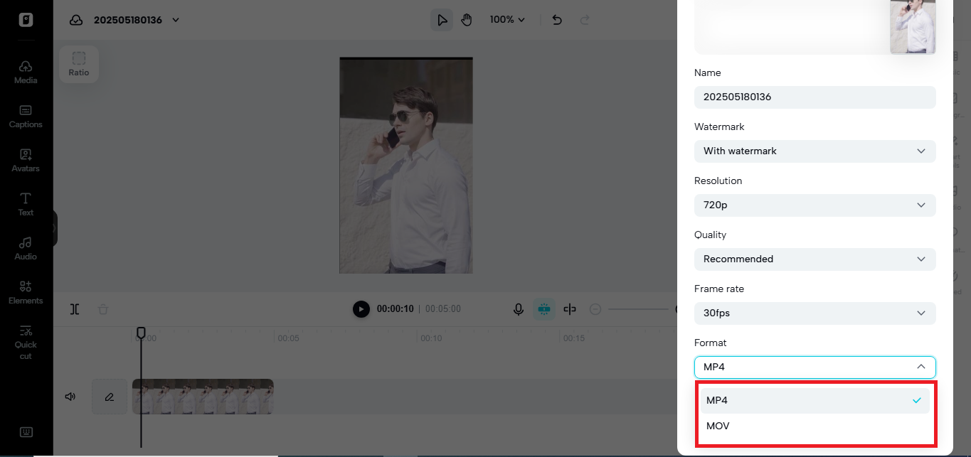 MP4 and MPV format options in Pippit's video editor