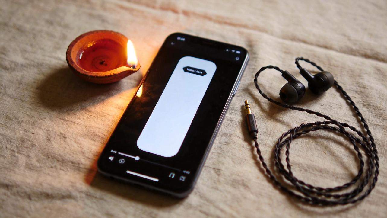 Diwali diya beside a phone and wired earphones on a wooden surface