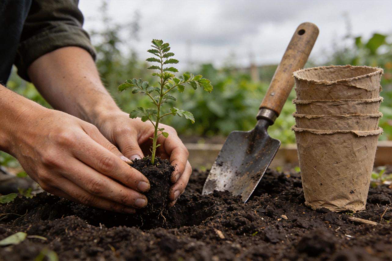 Hands planting a young seedling in soil beside a garden trowel and paper pots