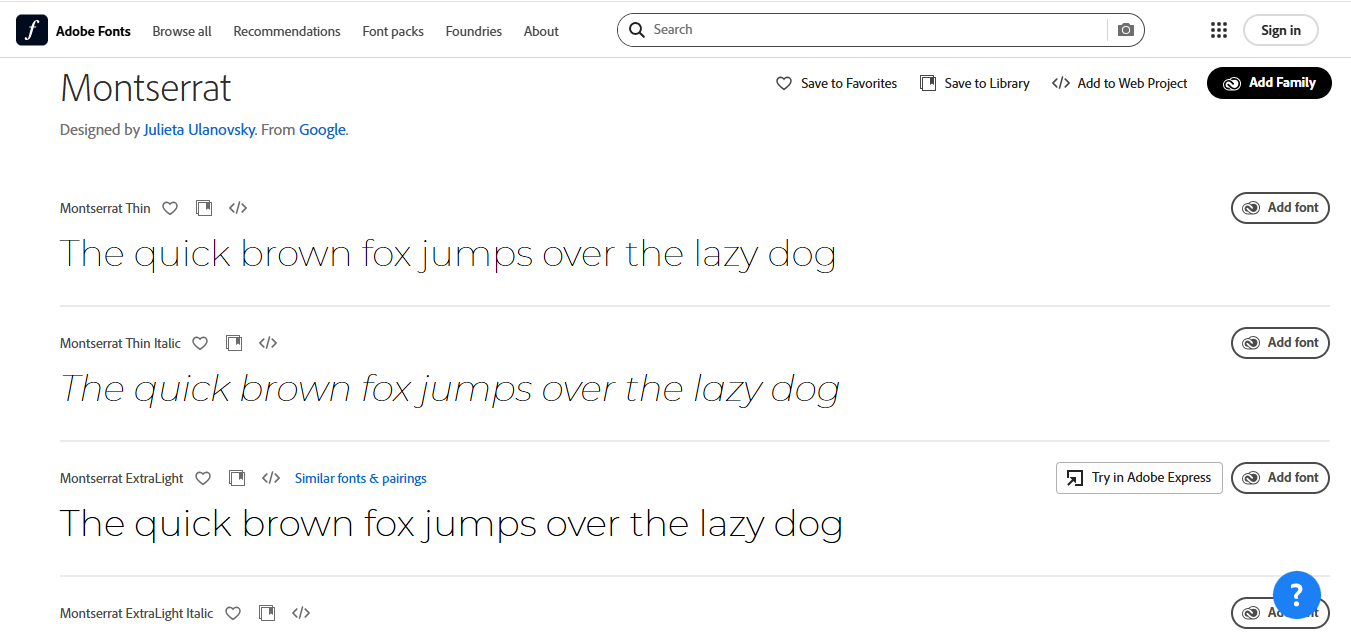 Інтерфейс Adobe Fonts - відома платформа для завантаження шрифту Montserrat