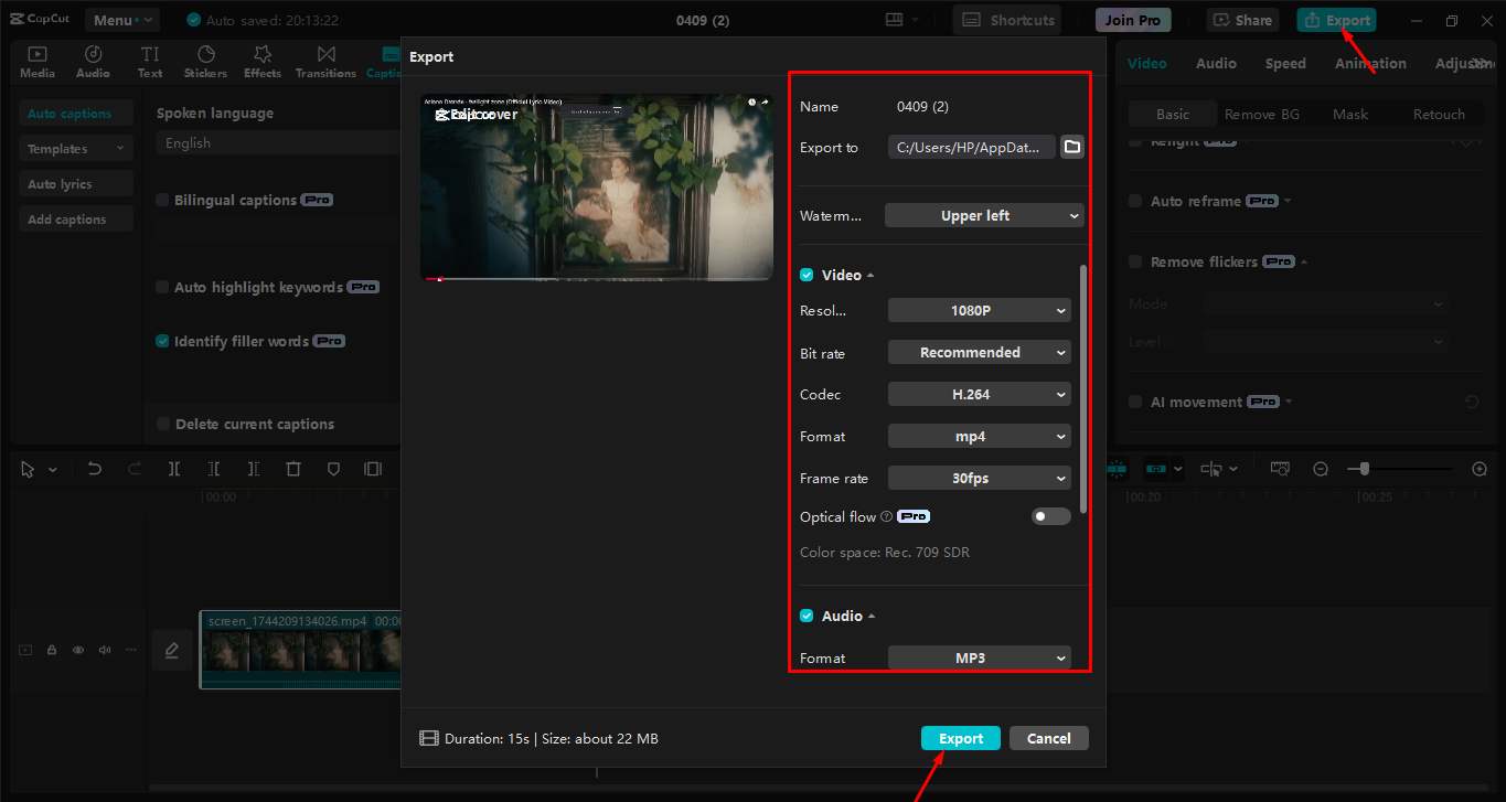Exporting the recording from the CapCut desktop video editor