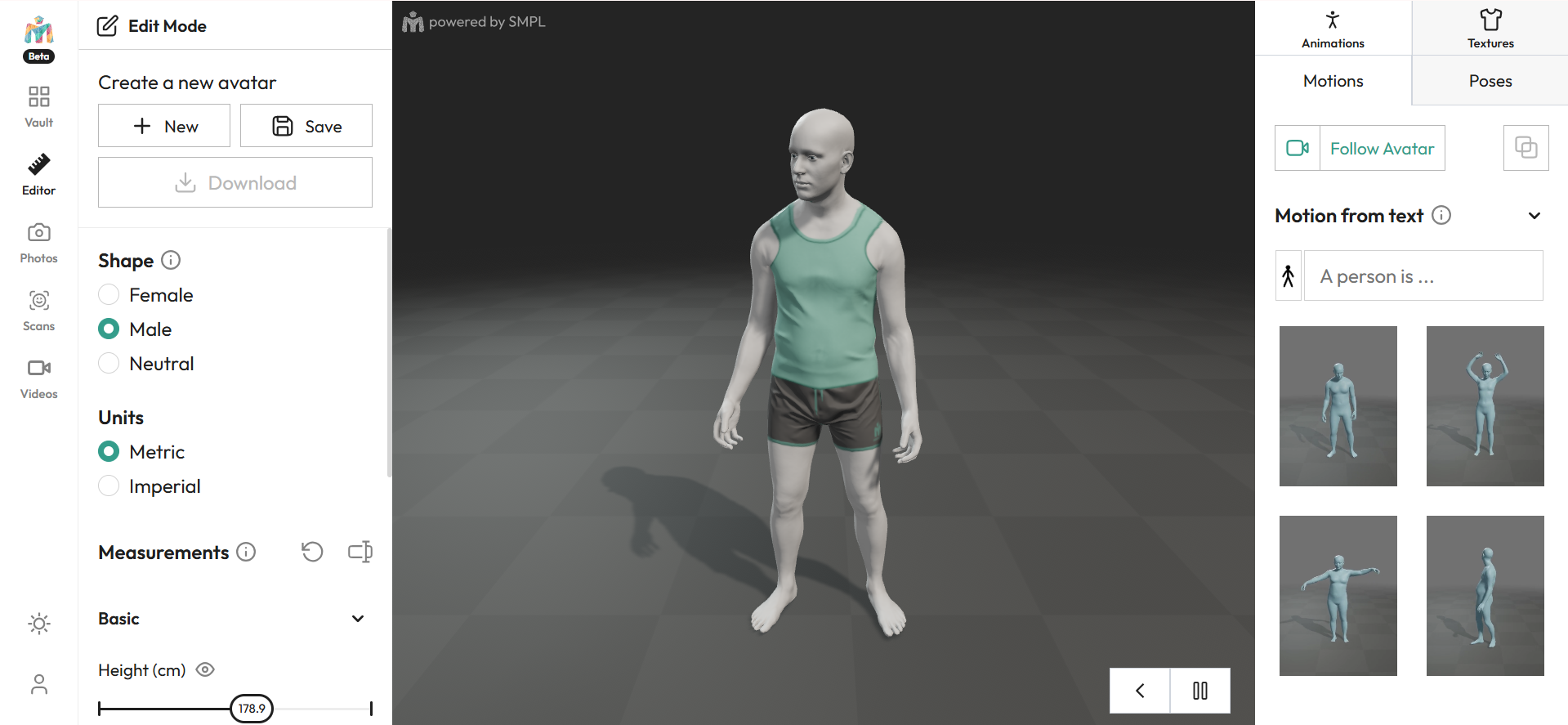 Interfața editorului Meshcapade - un instrument online pentru crearea de avatare 3D