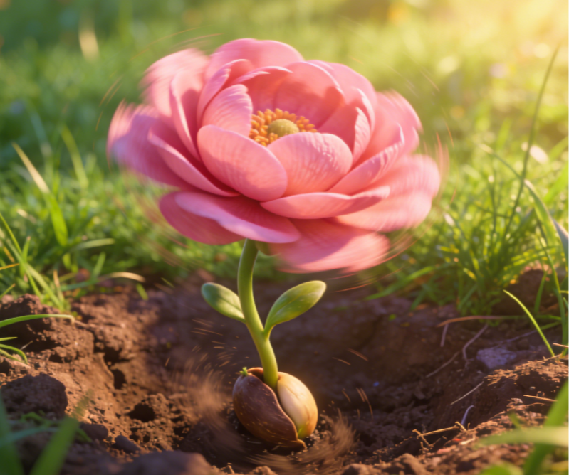 A pink flower grows from a seed into full bloom.