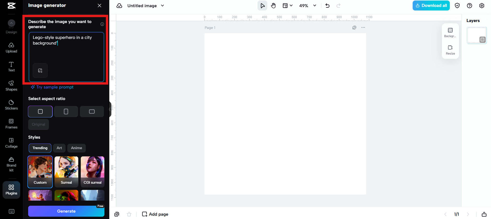 Eingabeaufforderung eingeben oder ein Referenzfoto hochladen.