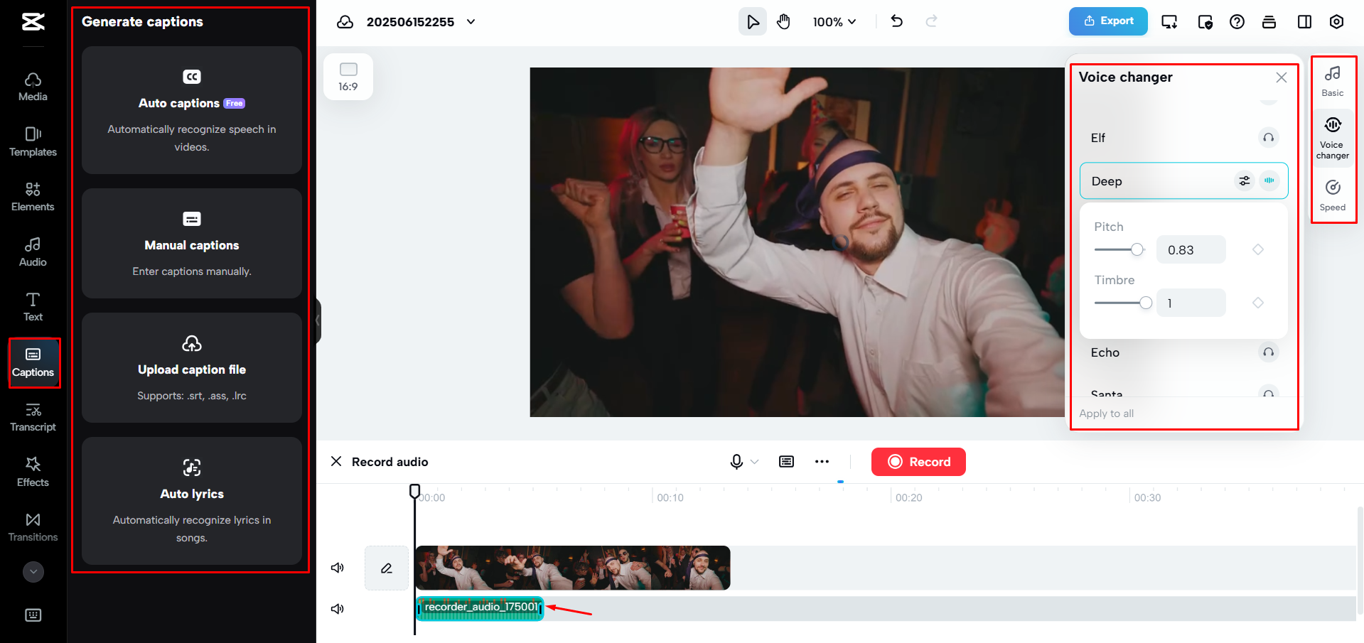 Using a voice changer to make a deep voice in CapCut Web