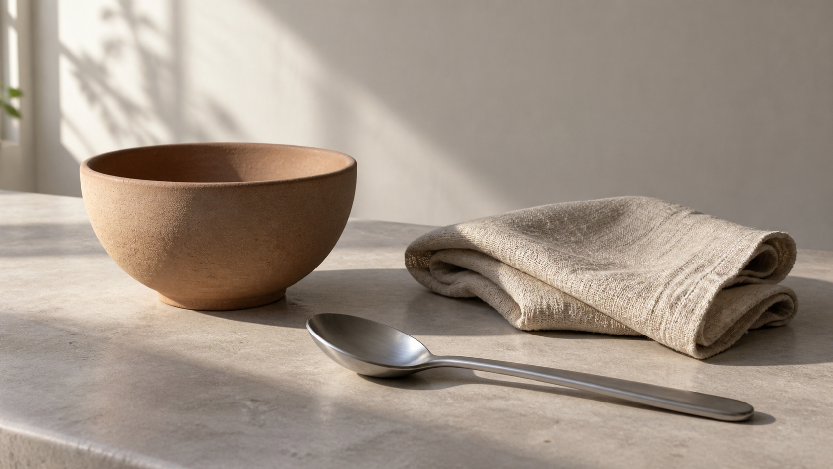 Matte clay, raw linen, and brushed steel showing different texture and light responses