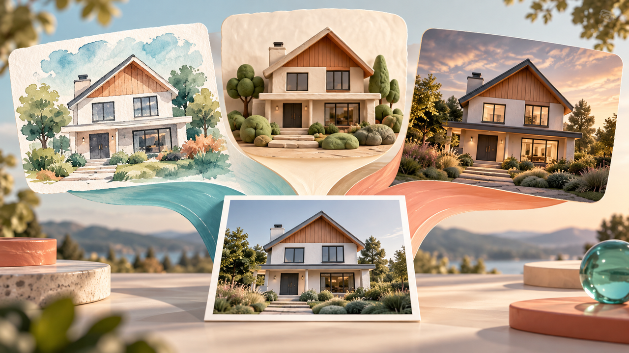 A house photograph with watercolor, clay and realistic interpretations