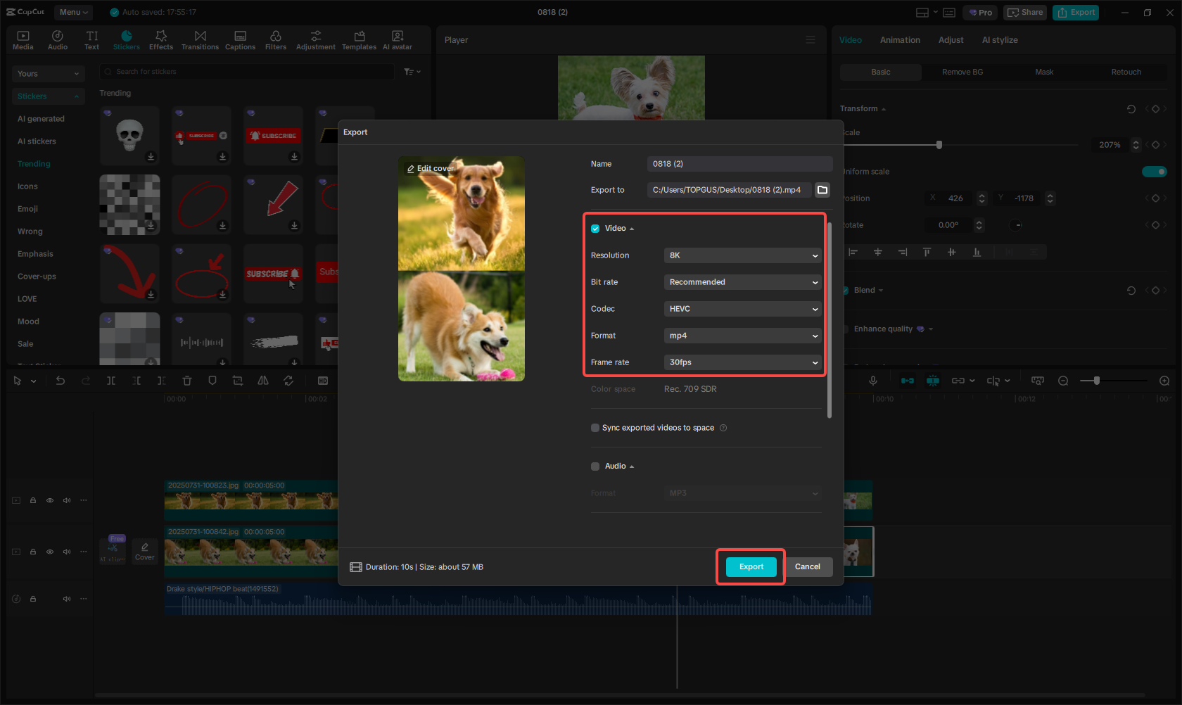 Export video for Instagram Story
