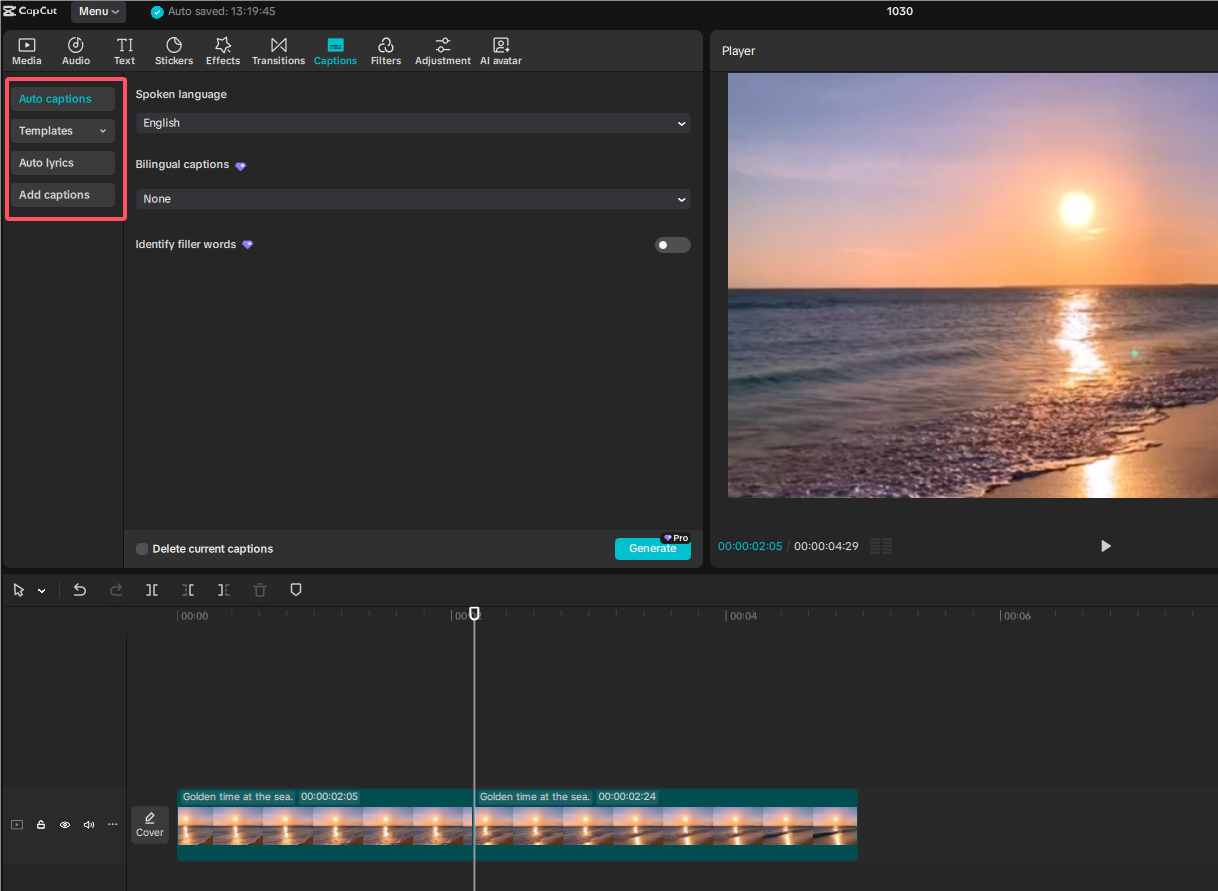 Add captions to the video in CapCut