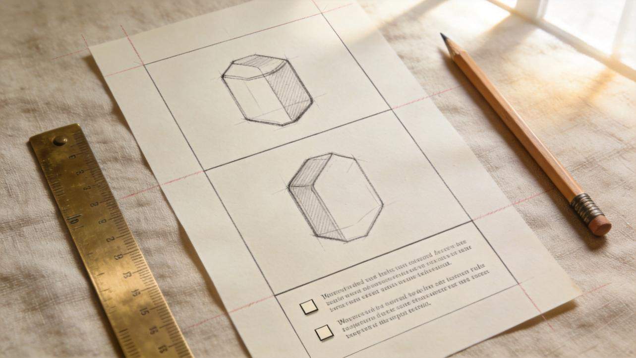 Pencil sketches of 3D shapes on a sheet of paper beside a ruler and pencil