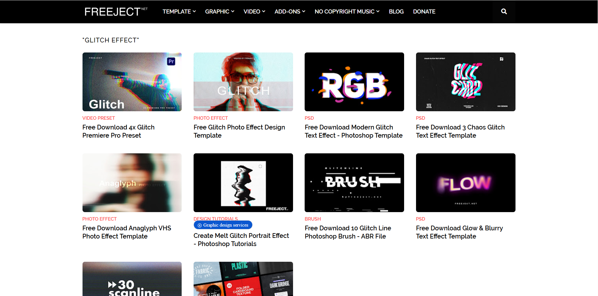 Interface of FREEJECT - the perfect site to download free glitch transitions for Premiere Pro