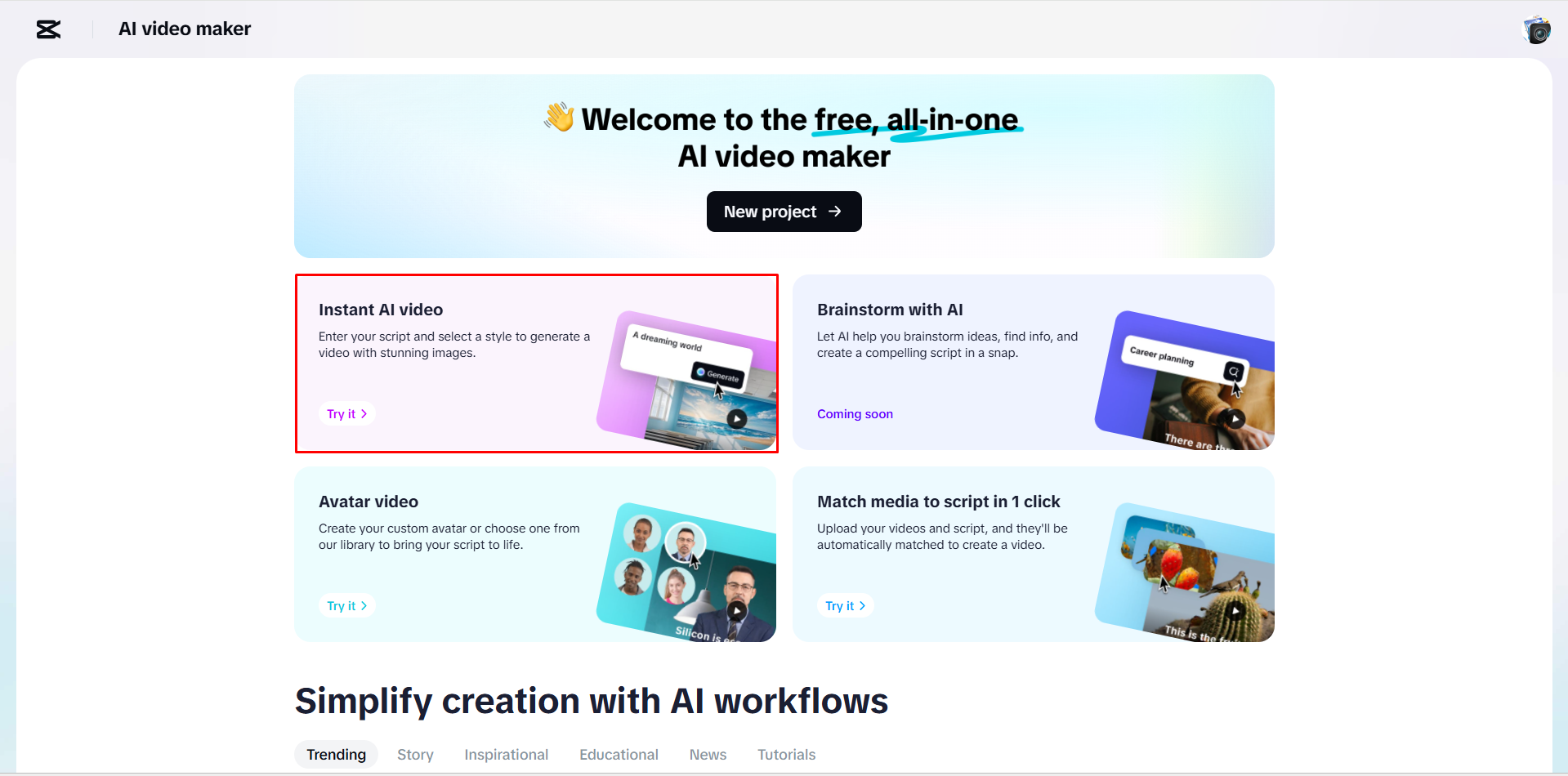Opening CapCut's AI video maker