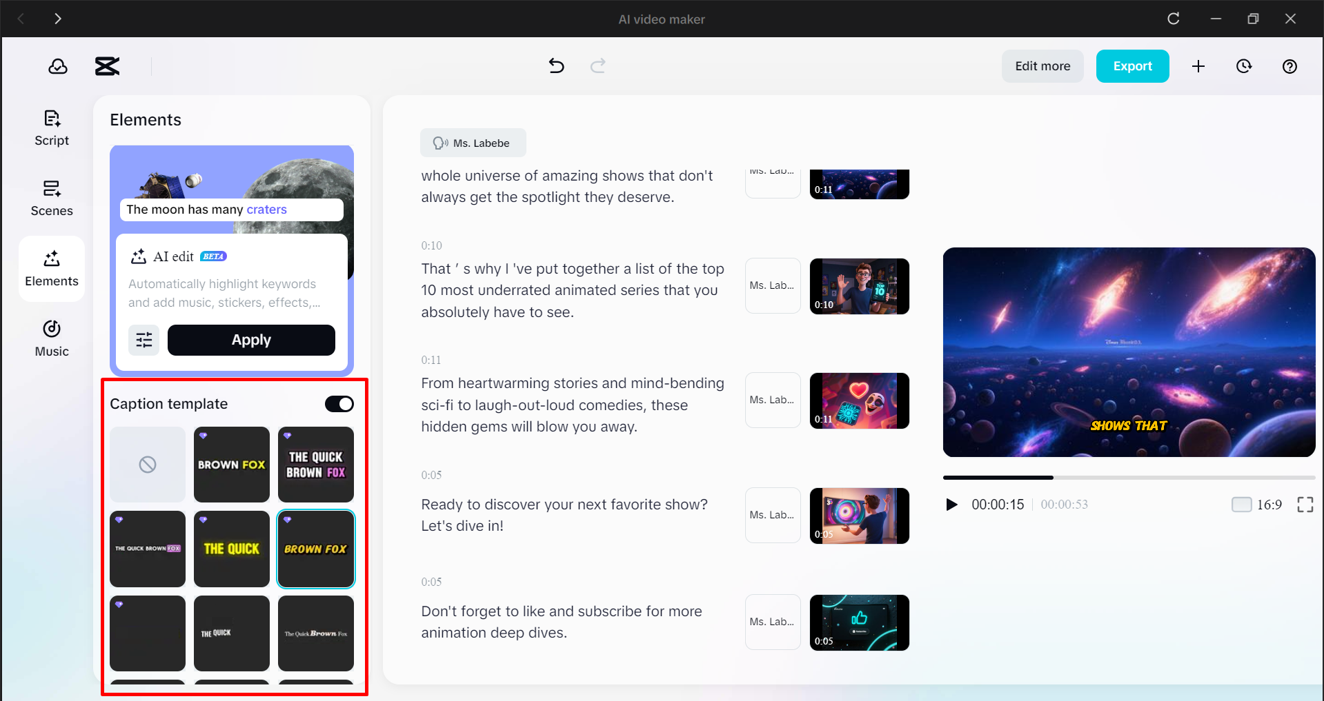 Utilizing a caption template in AI video maker