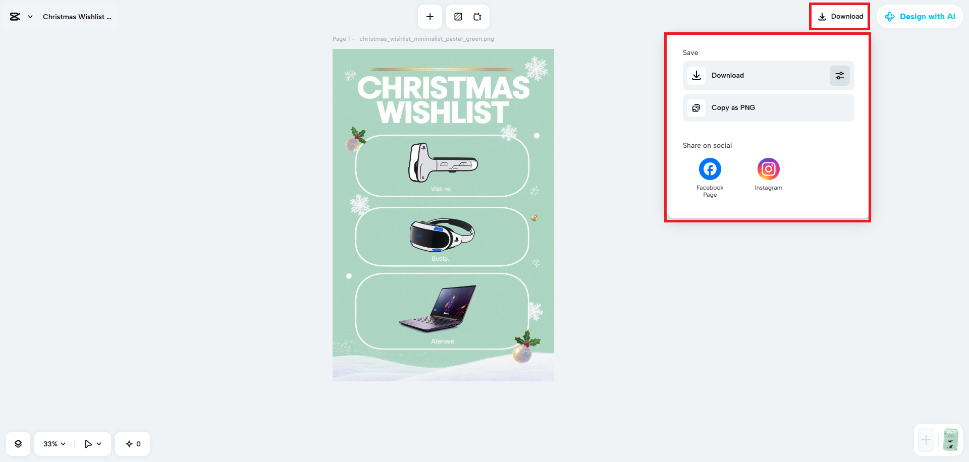 Export your wishlist design