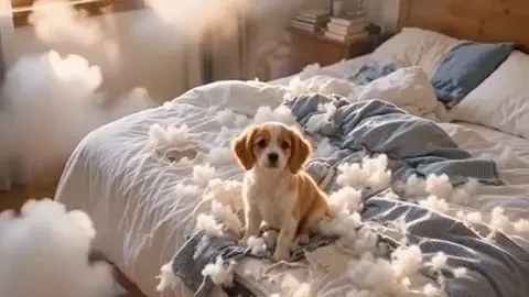 Puppy sitting on a bed surrounded by fluffy cotton-like clouds in a cozy bedroom