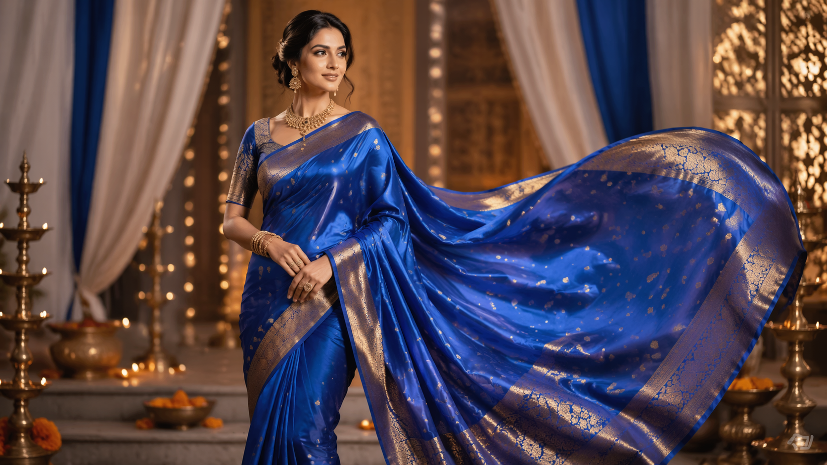Dreamina IA Saree try On exemplo imediato 4: Royal Blue Draping