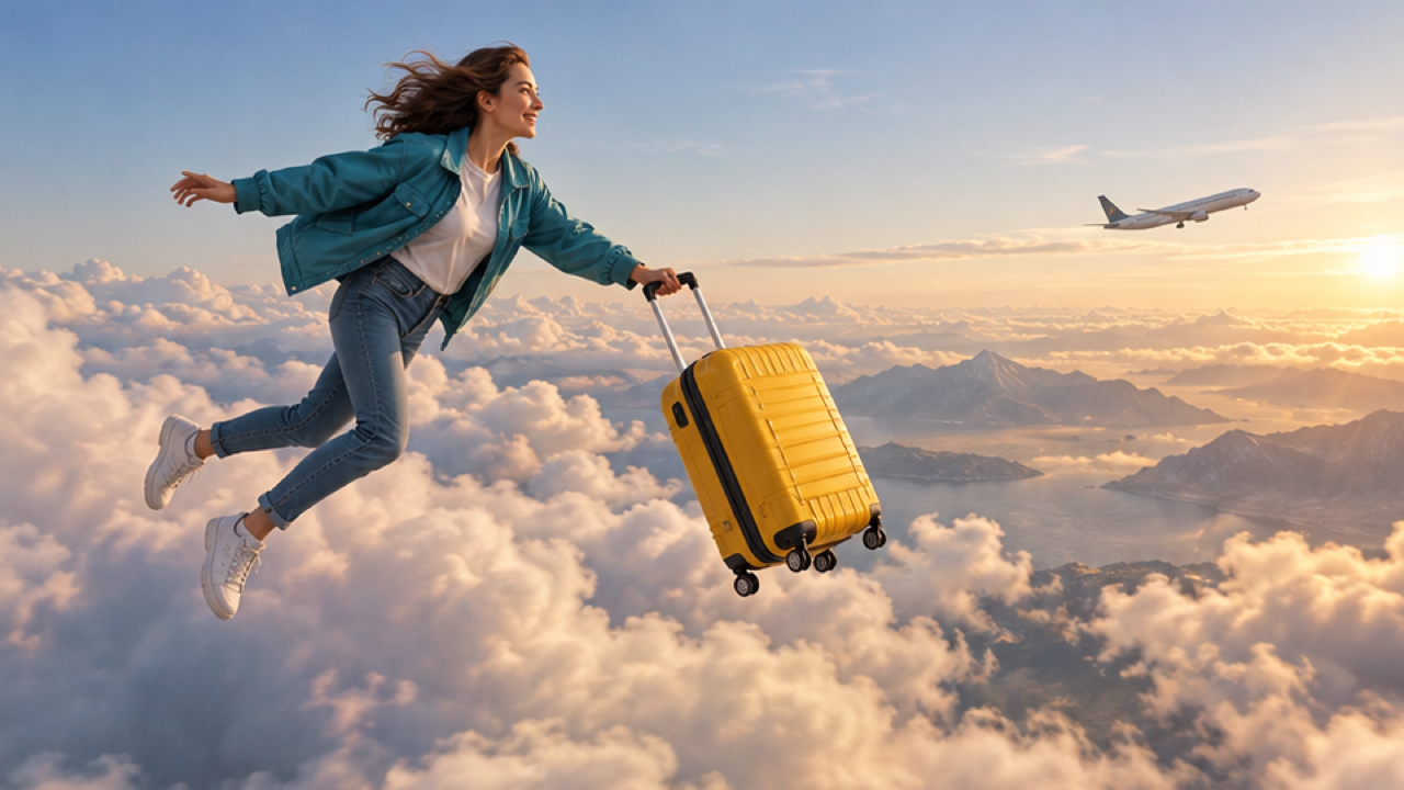 16:9 cinematic fantasy still, full-body adult woman in teal jacket airborne holding the extended handle of one bright yellow suitcase floating slightly ahead, feet above fluffy clouds, distant small unbranded airplane ahead to right, warm morning light, wide side composition, visible face and separate limbs, no text or logos.