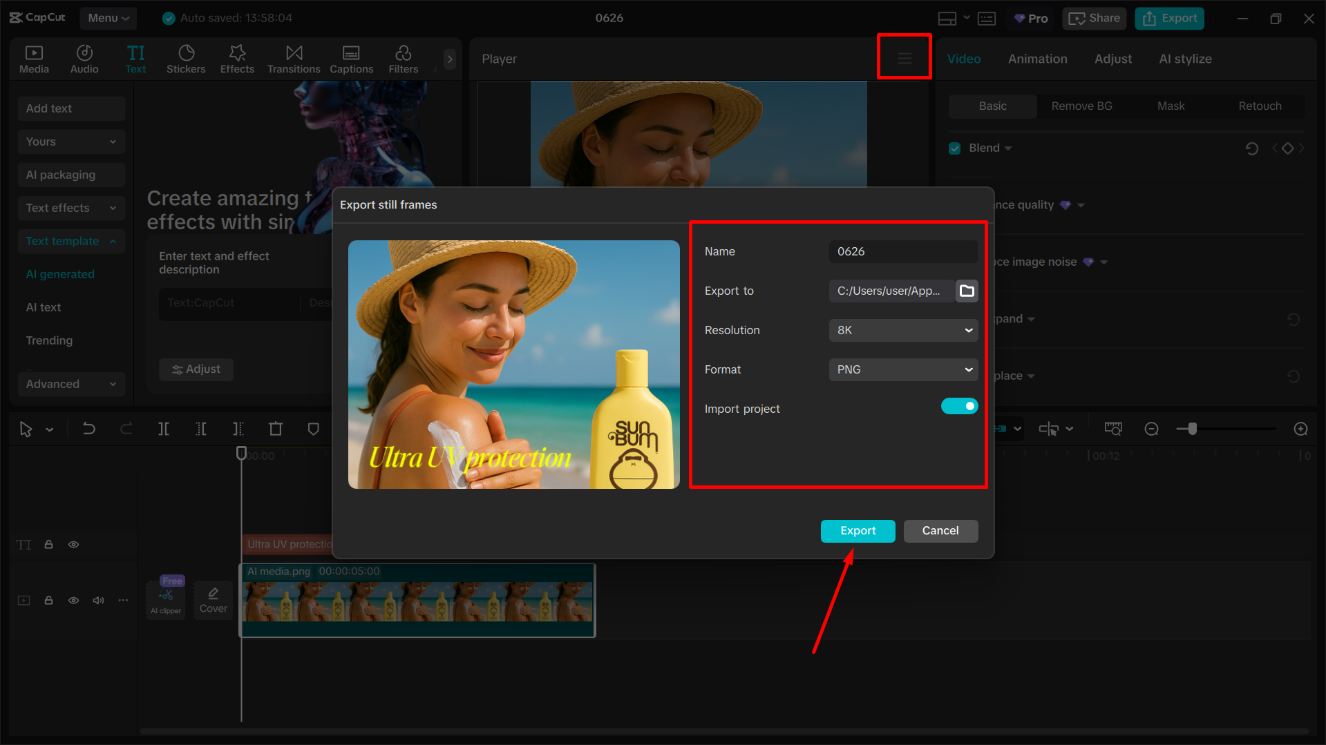 Export konečného obrázku z editoru videa CapCut