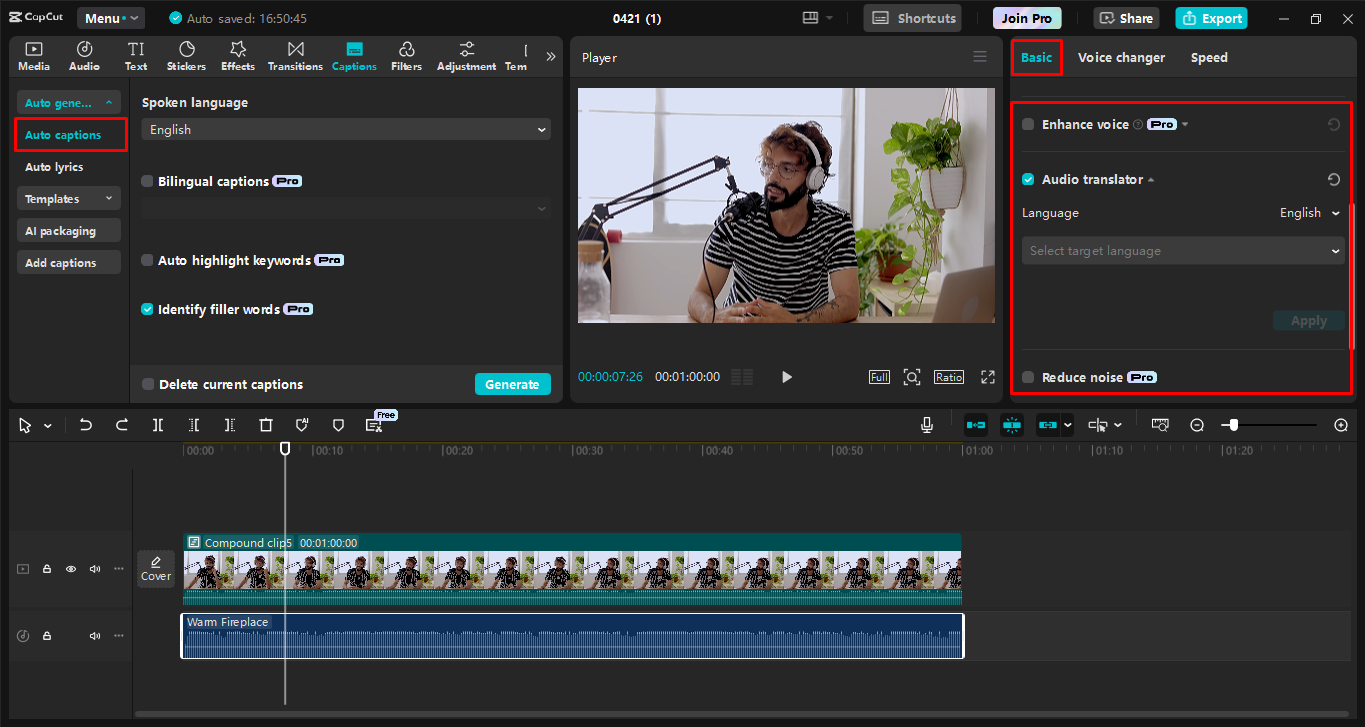 Editing and enhancing the podcast in the CapCut desktop video editor