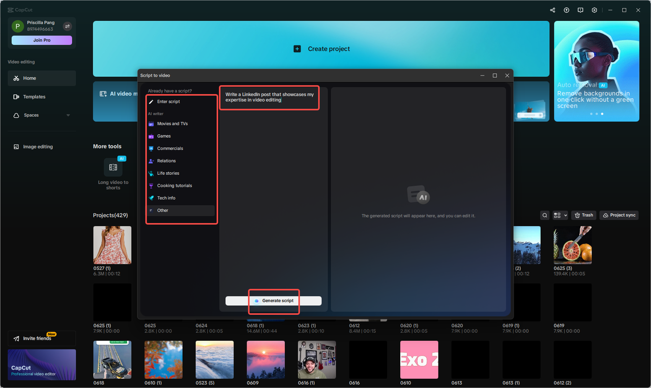 Menuliskan ide konten Anda di CapCut