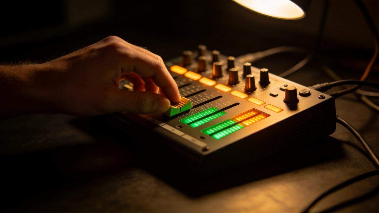 Hand adjusting a slider on an audio mixer with glowing level meters