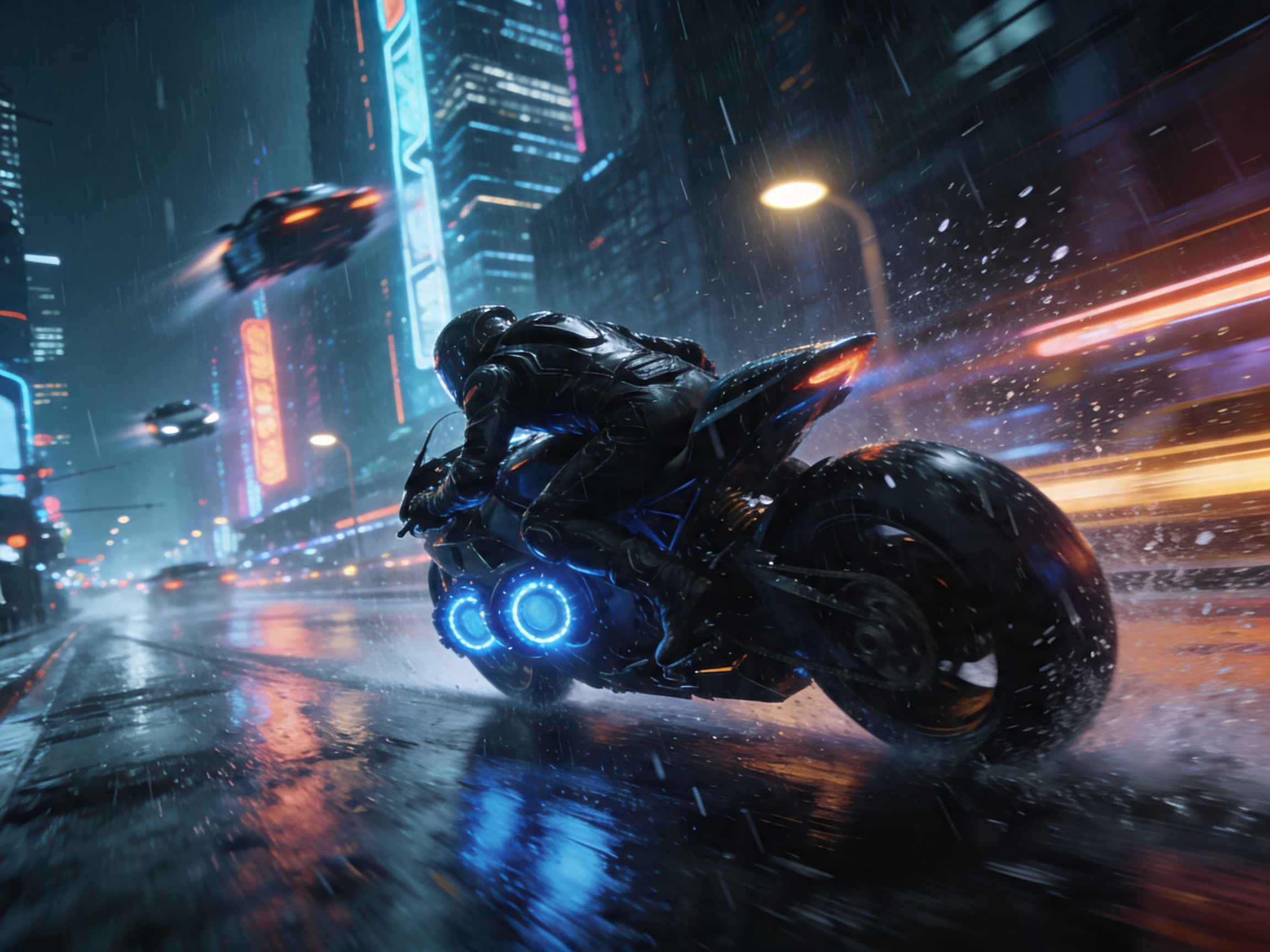 Prompt for an epic cyberpunk city chase scene 