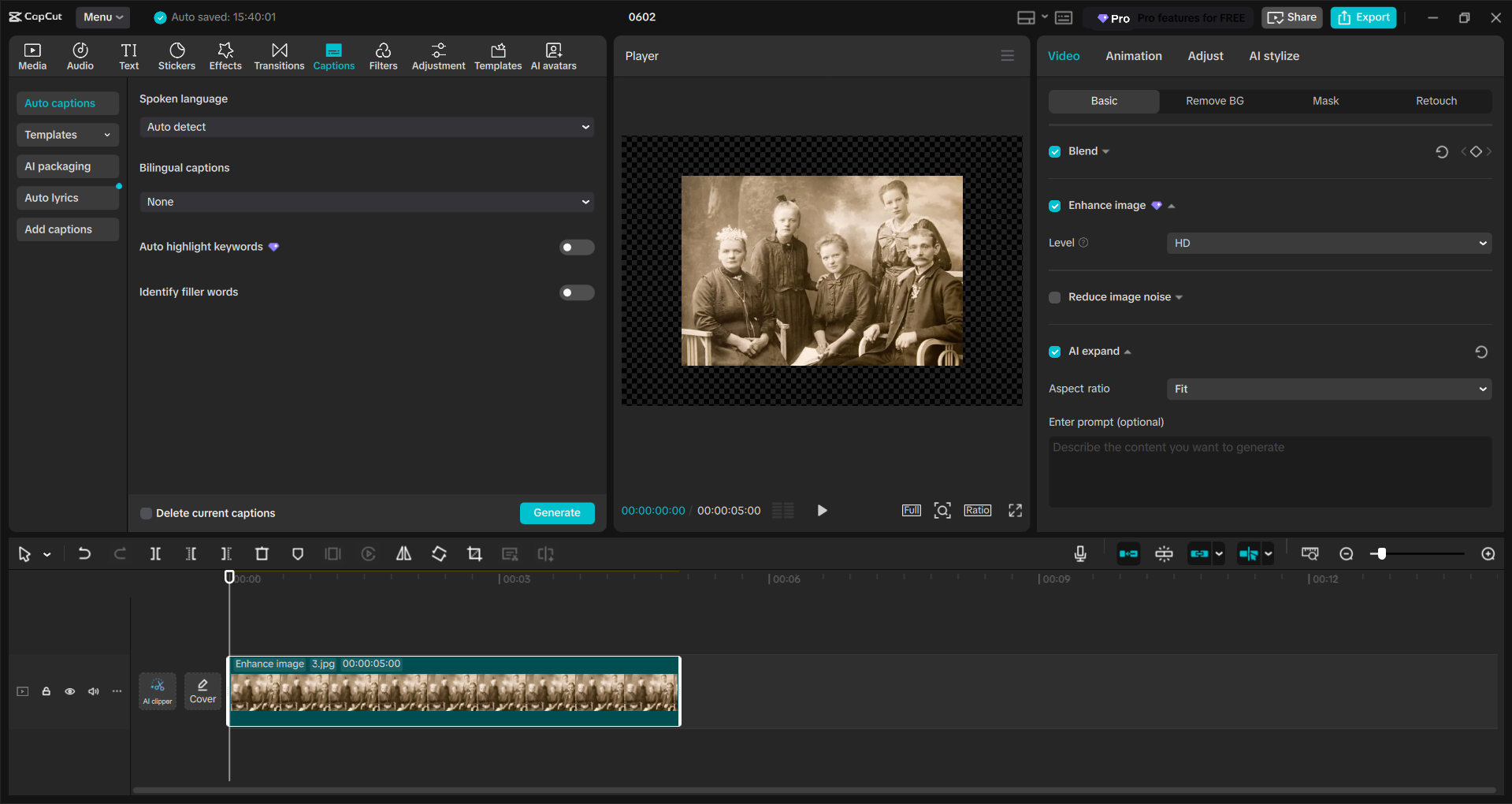Interface of the CapCut desktop video editor - one of the best photo restoration software