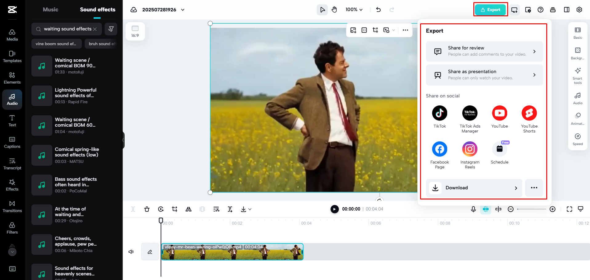 Exporting the meme from CapCut Web