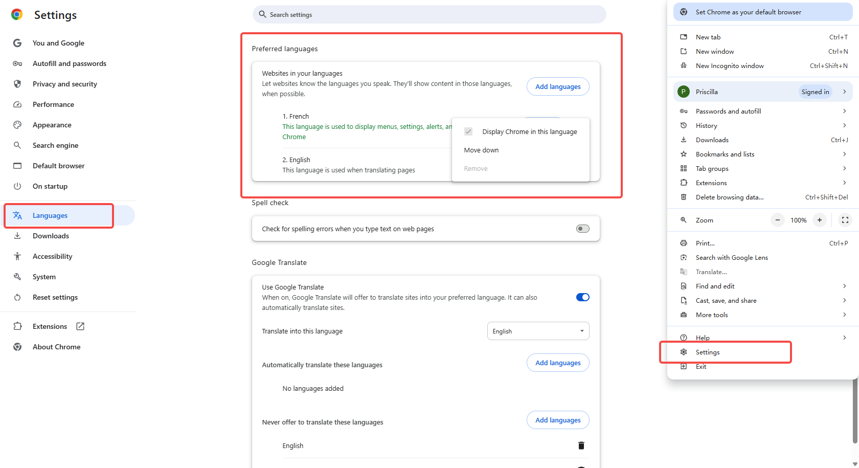Translation language setting