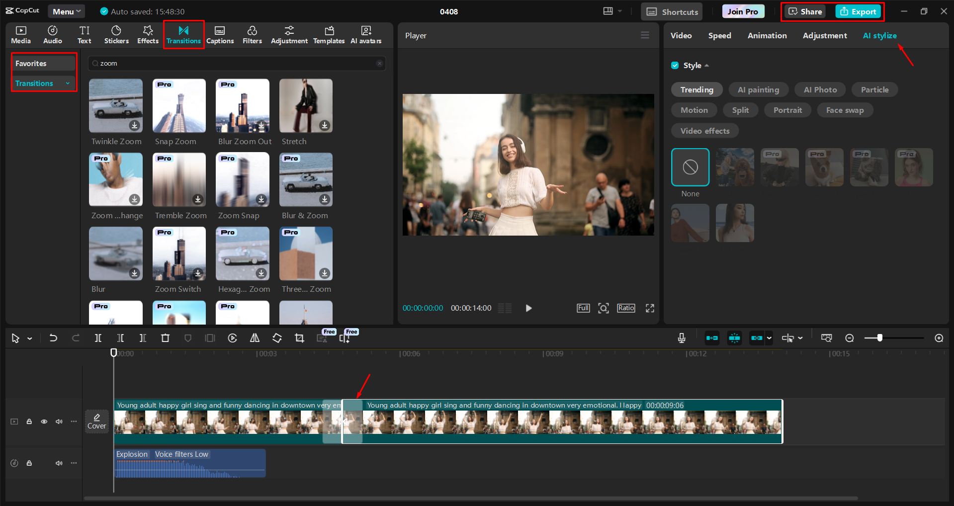Applying the zoom transition to vidos in the CapCut desktop video editor