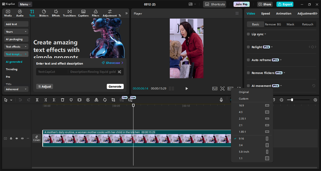 Interface of the CapCut desktop video editor - the best tool for editing TikTok videos