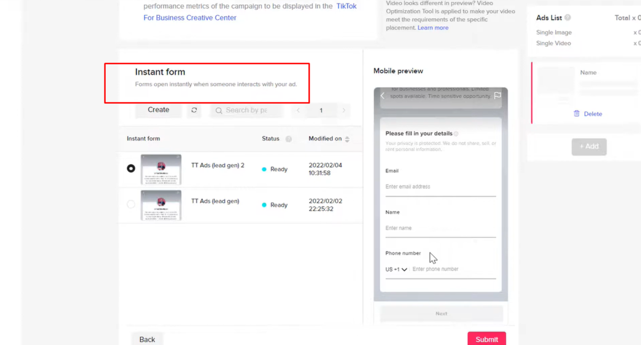 Creating an instant form and adding information