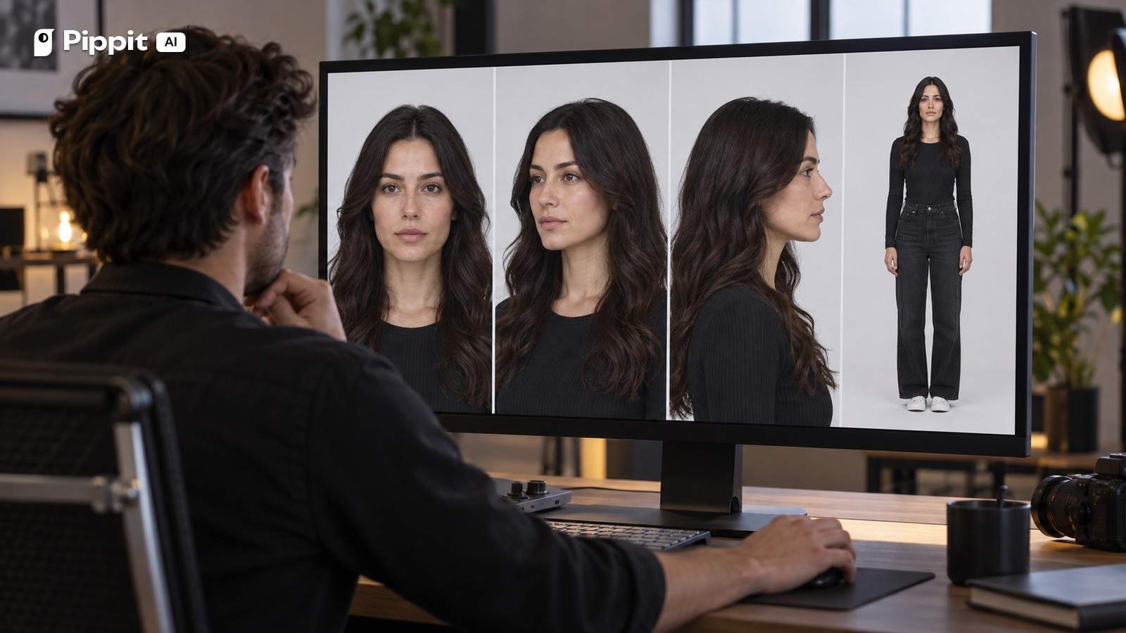 A video creator reviewing portraits, profiles, and a full-body image of the same adult character.