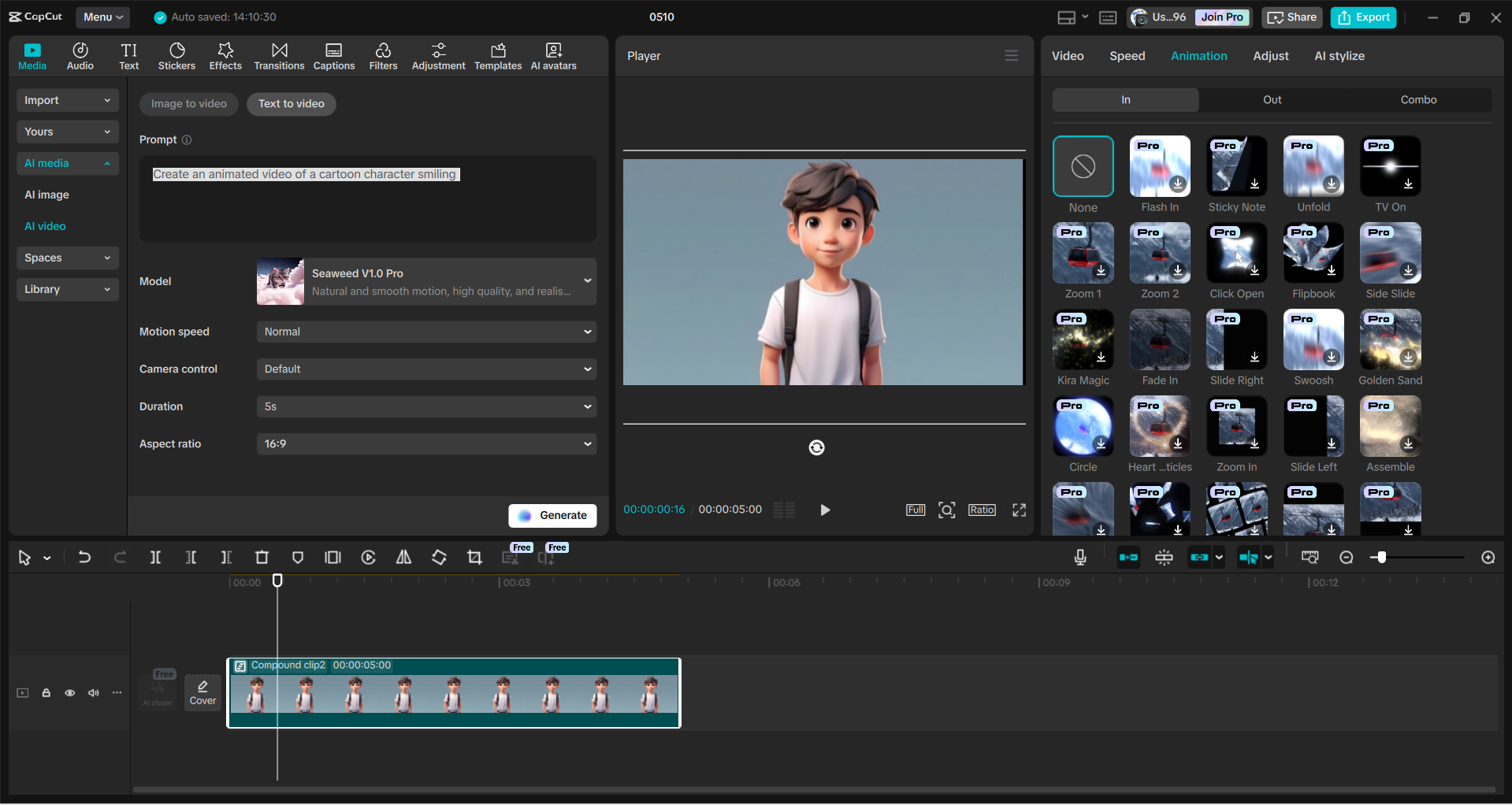 Interface of the CapCut desktop video editor - a simple cartoon animation software