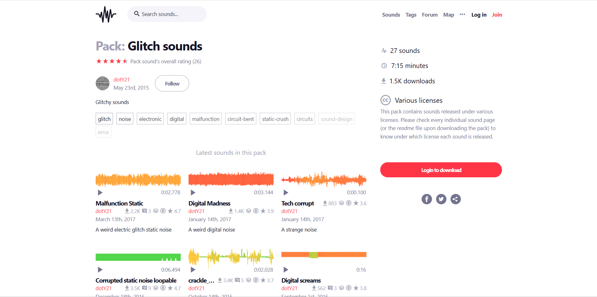 Interface of Freesound - a valuable site to find free glitch sound effects