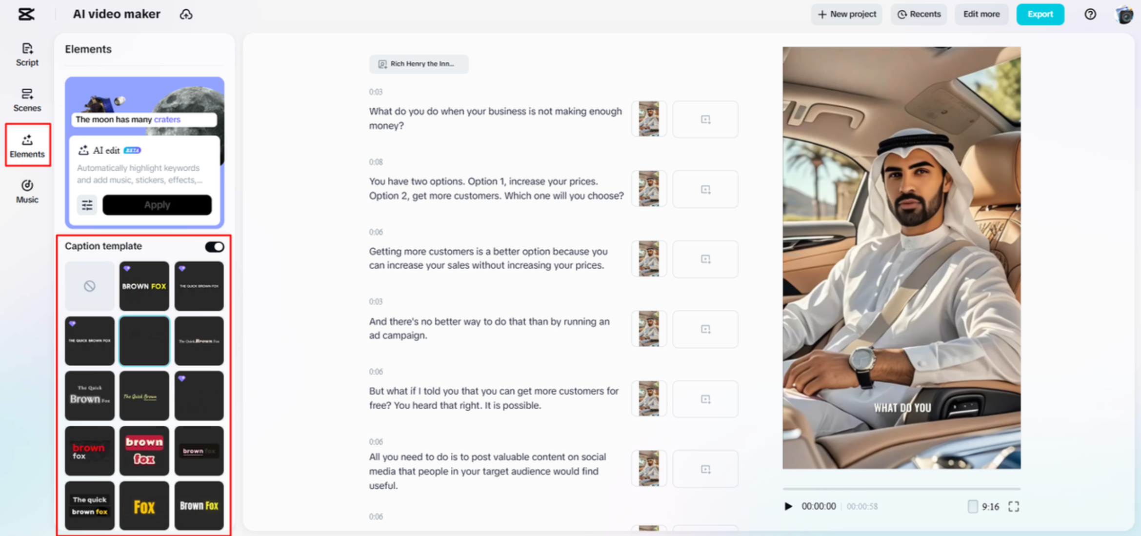 Adding captions template to the video in CapCut Web