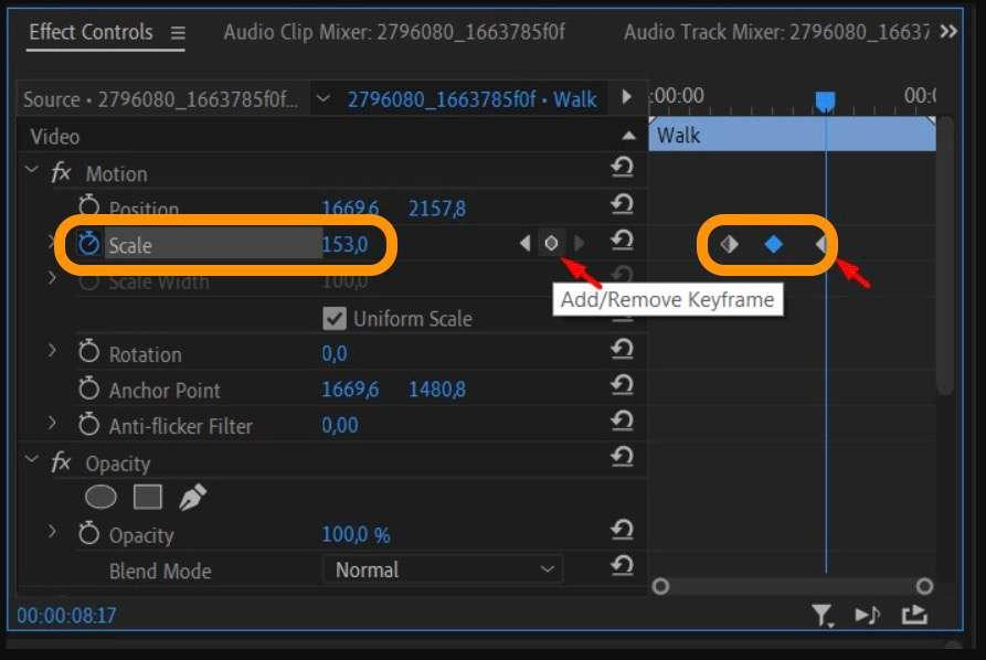 Premiere Pro timeline showing keyframes used to create smooth zoom animation
