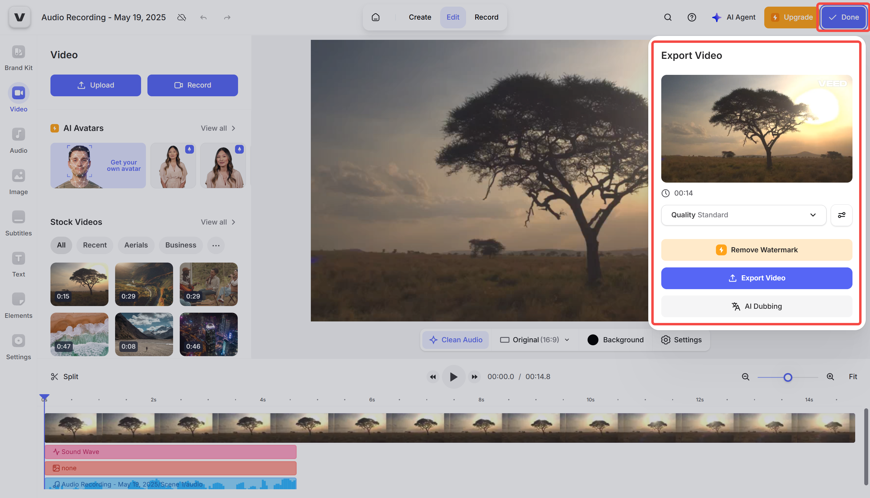 Exporting the video after recording
