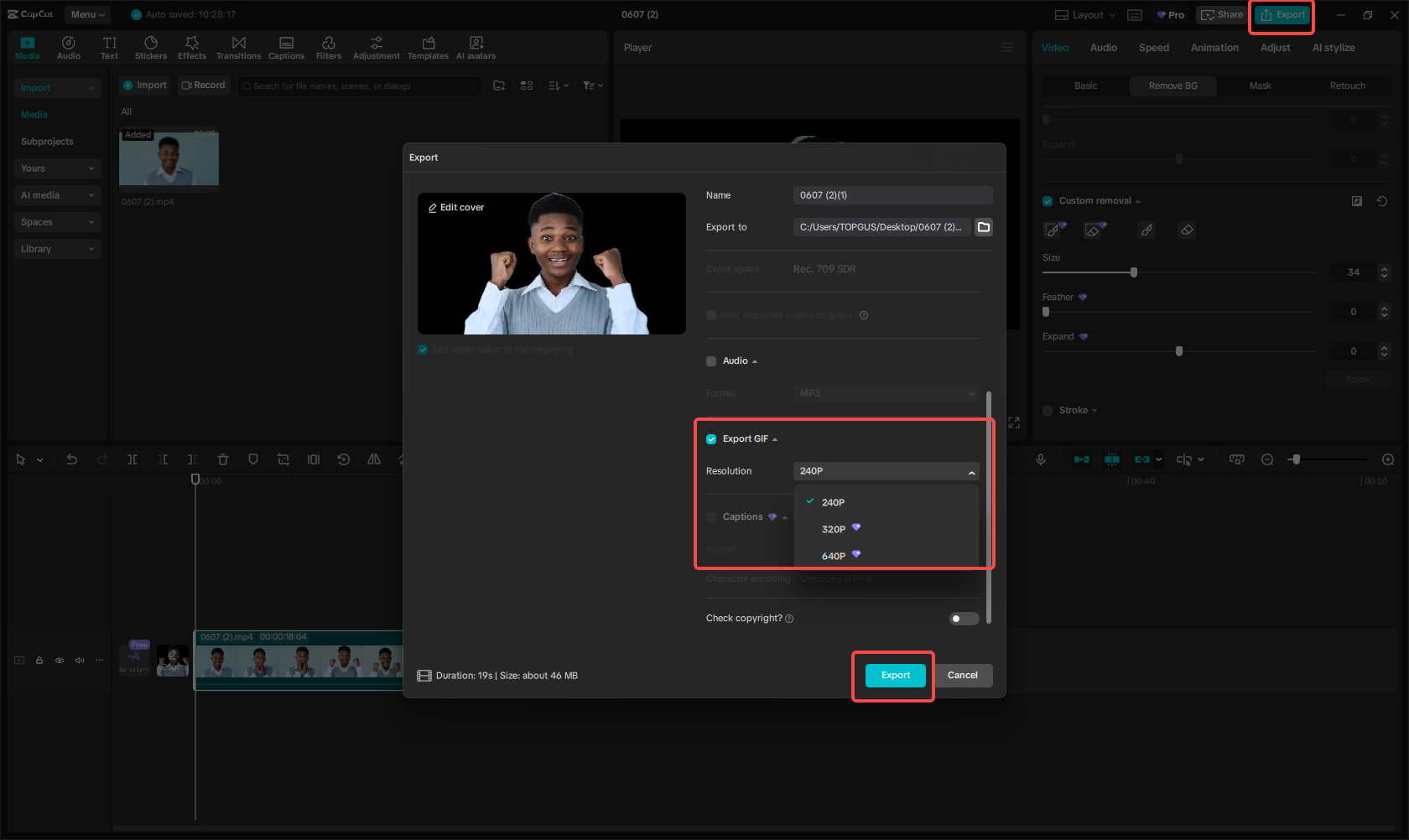 Export the GIF with transparent background