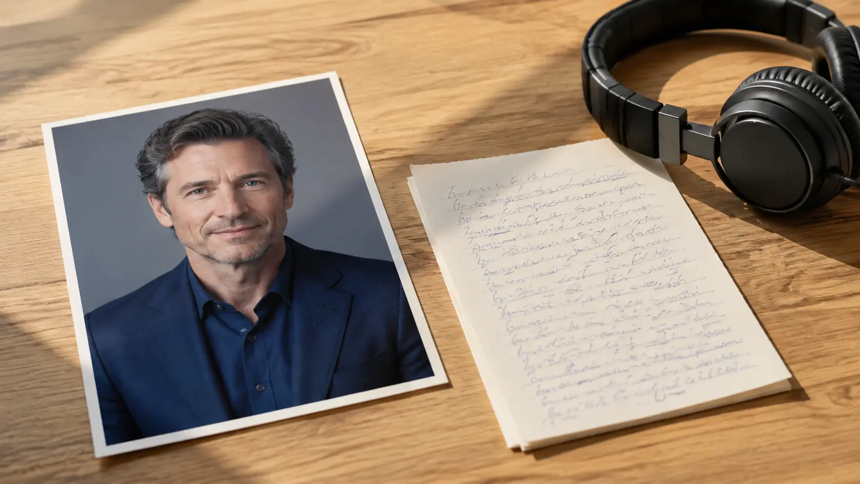 A printed fictional presenter portrait sits beside an unreadable handwritten script and studio headphones