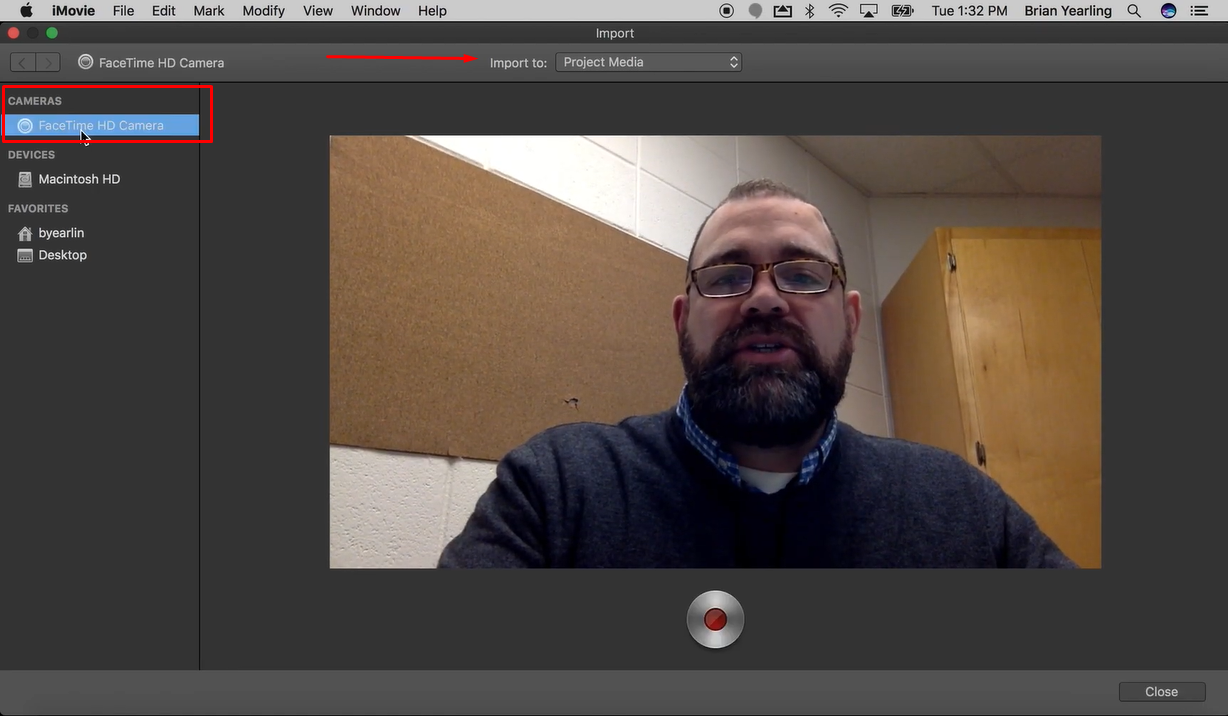 Accessing the camera for screen recording in iMovie