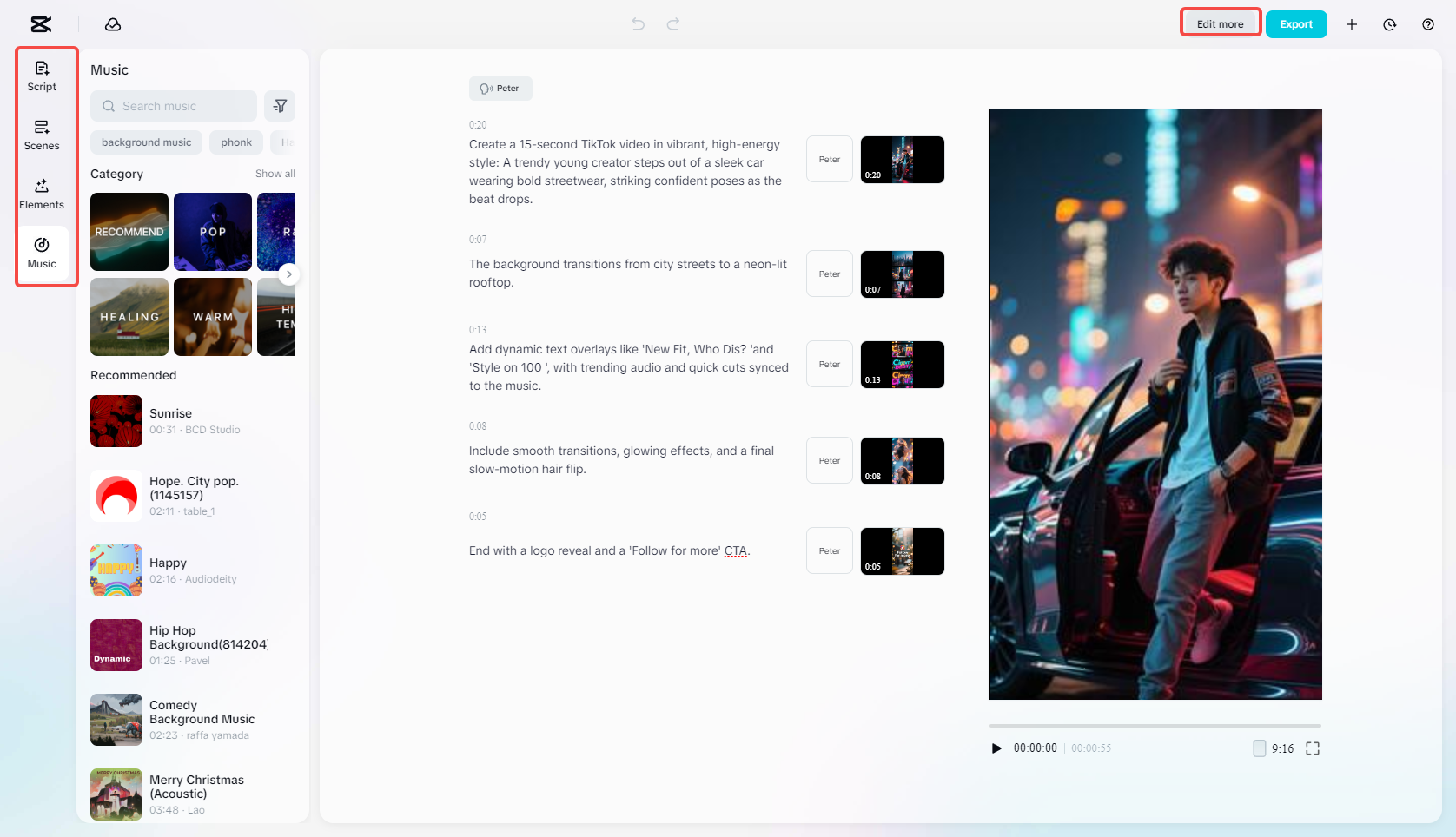 Edit the generated TikTok video with rich features