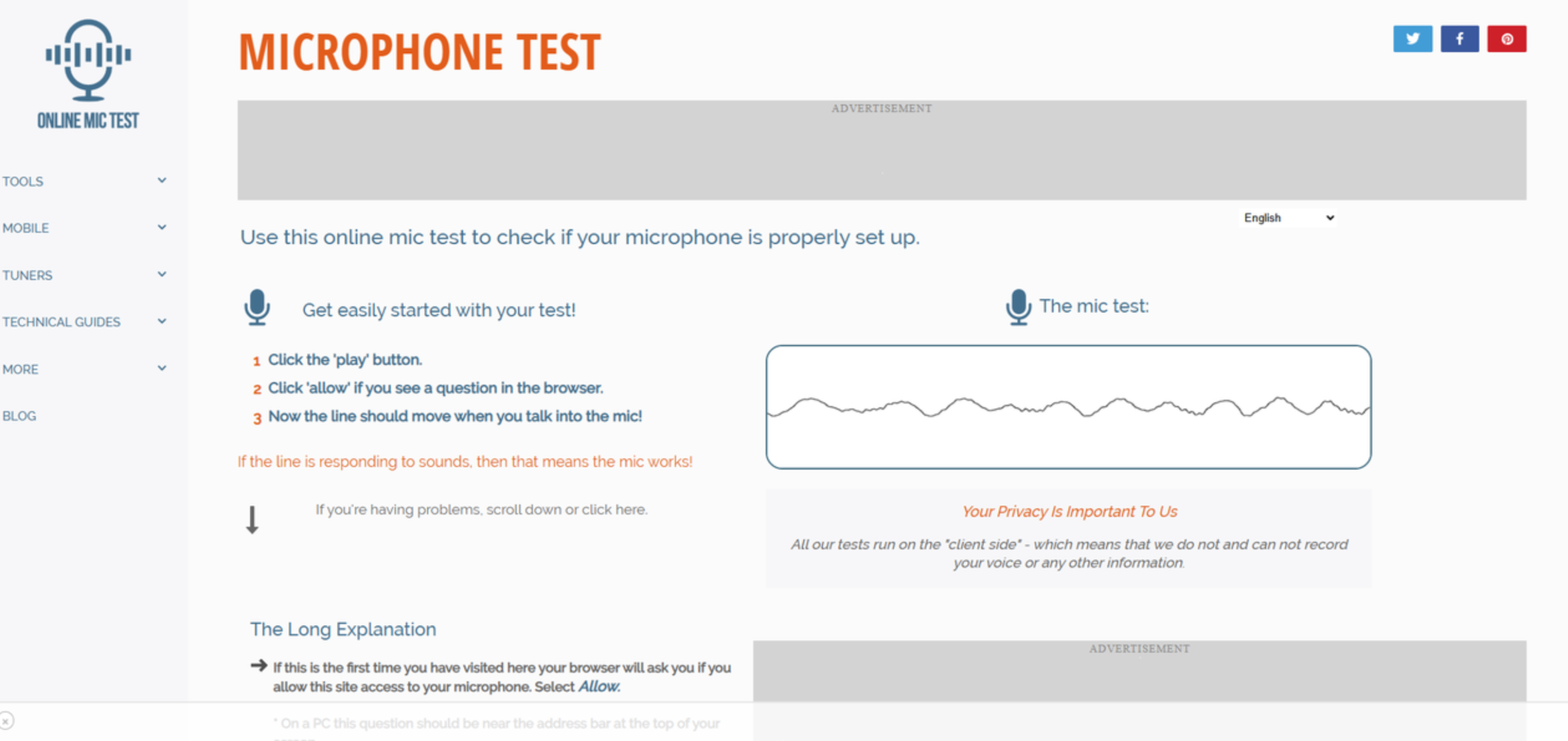 Interface of OnlineMic Test - a quick way to do a mic check