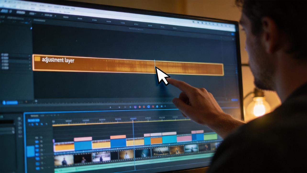 Editor points at an adjustment layer above a multi-clip timeline in a video editor