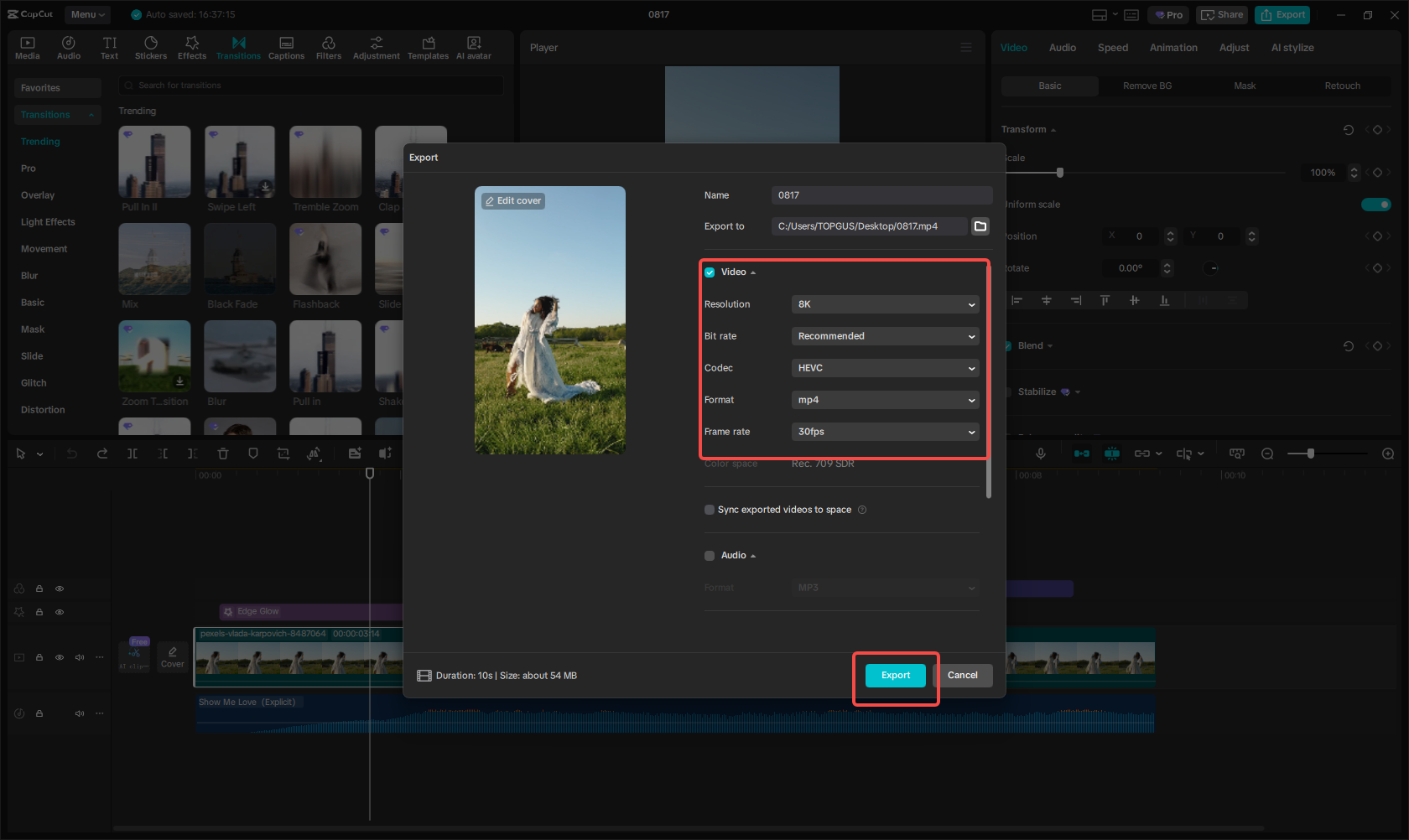 Export the video for Twitter uses