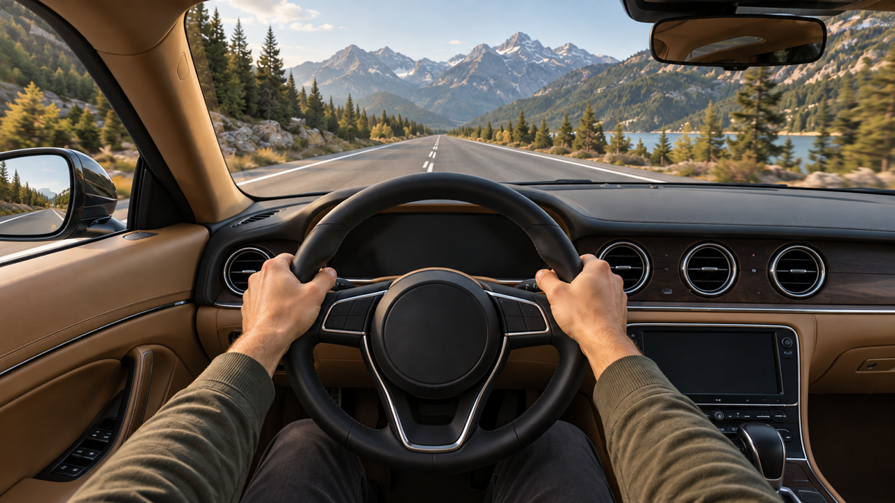Premium photorealistic cinematic 16:9 STILL keyframe featuring a first-person view from inside an unbranded tan-leather car with two adult hands resting naturally on a plain dark steering wheel, a simple dashboard without readable displays, in a broad straight mountain road seen clearly through the windshield under soft morning light. Keep complete steering wheel, both hands, dashboard, and unobstructed windshield view fully inside the composition. Detailed materials, coherent anatomy, balanced cinematic lighting, clean background separation. One coherent scene, no text, logos, watermark.