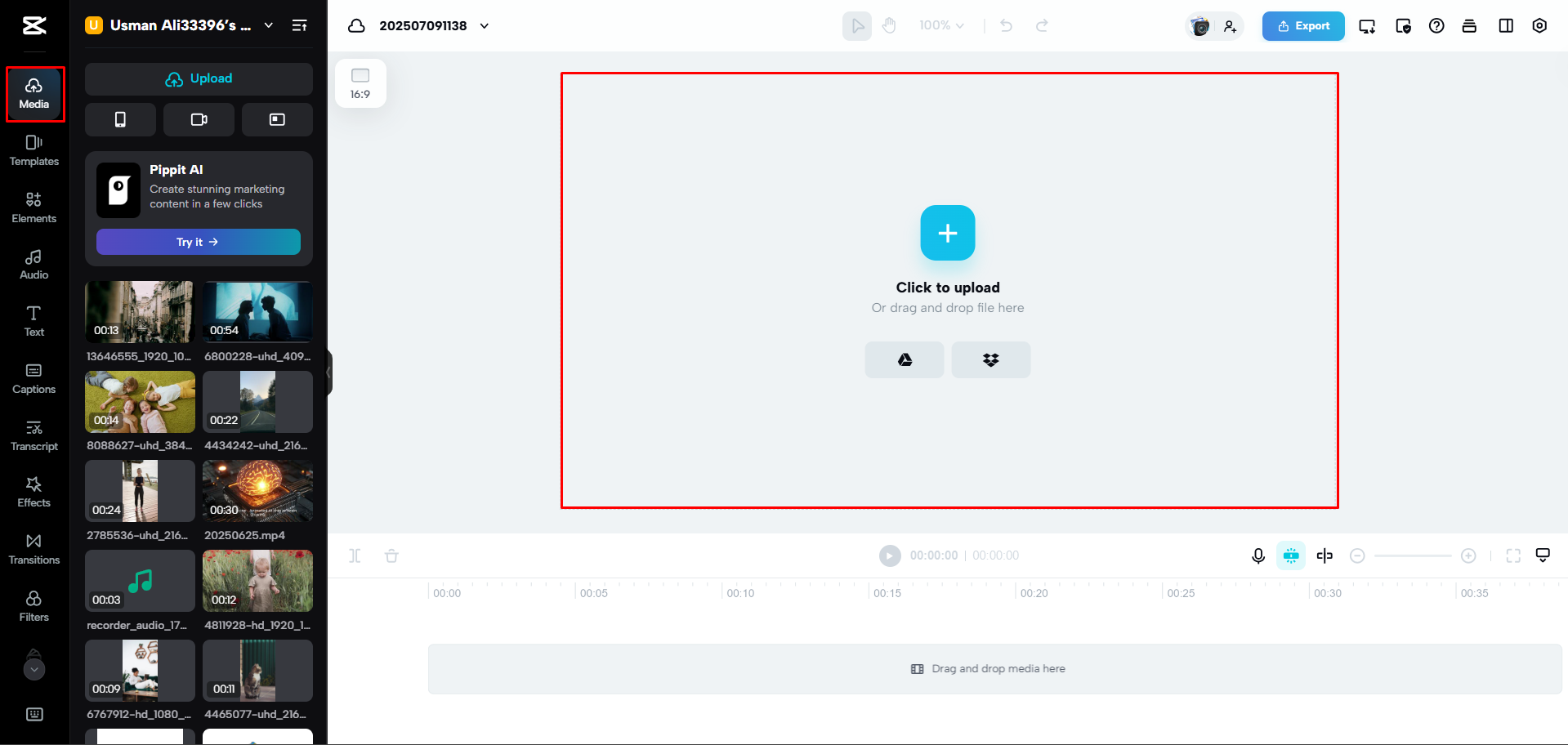 Uploading a video to CapCut Web