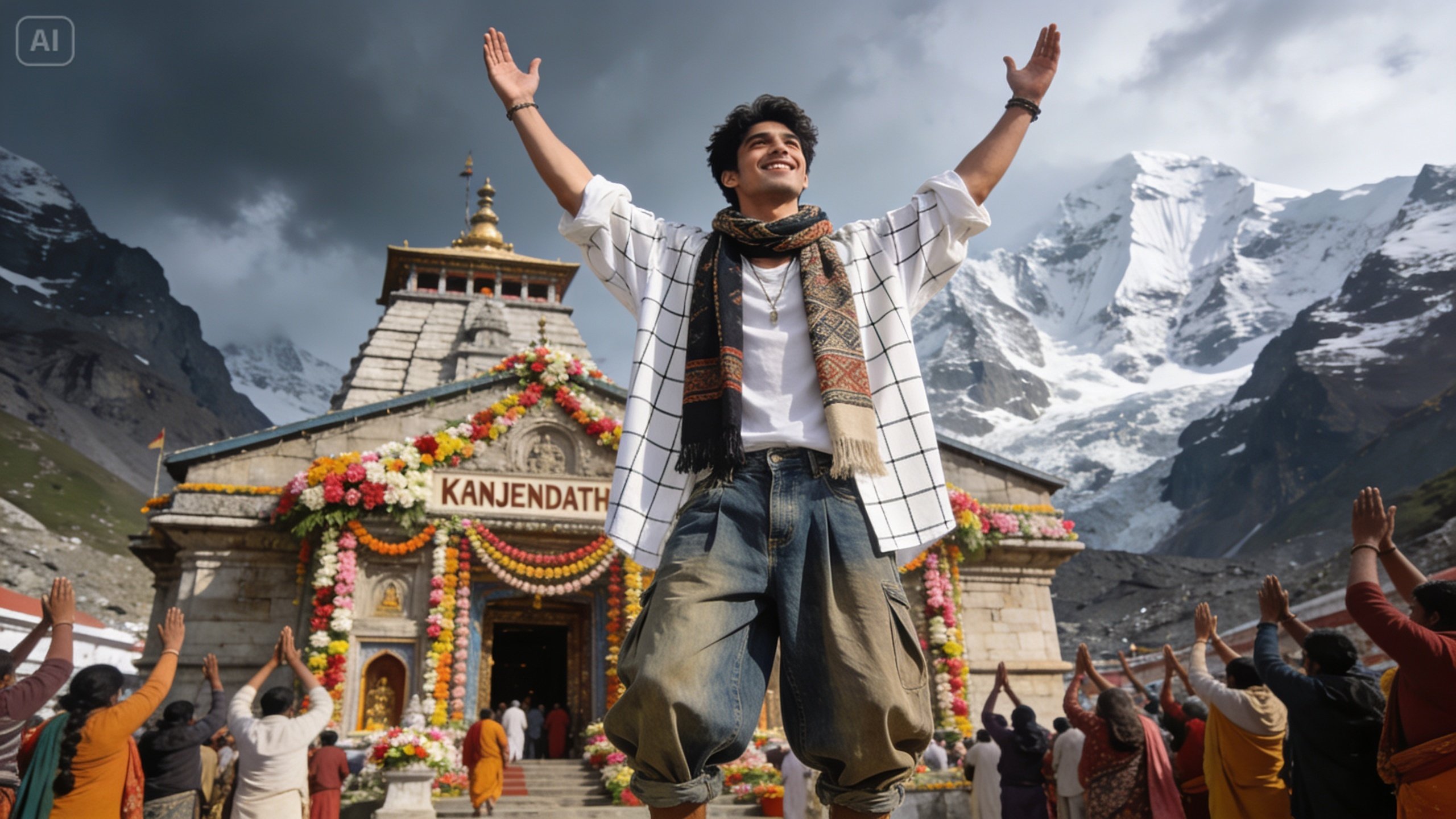 プロンプトの例:「Kedarnath Temple morning aarti guide」のデイプランカードは、縦に優しい構成です。