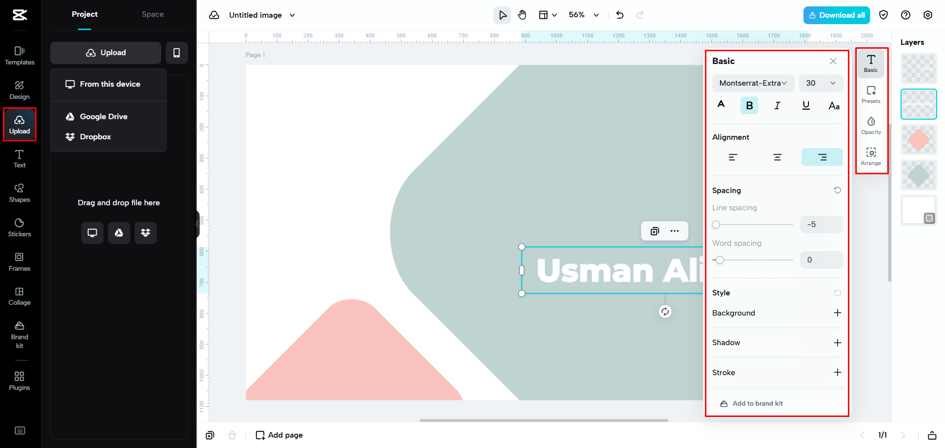 Lettertypen en ontwerpelementen toevoegen aan een visitekaartje in CapCut Web