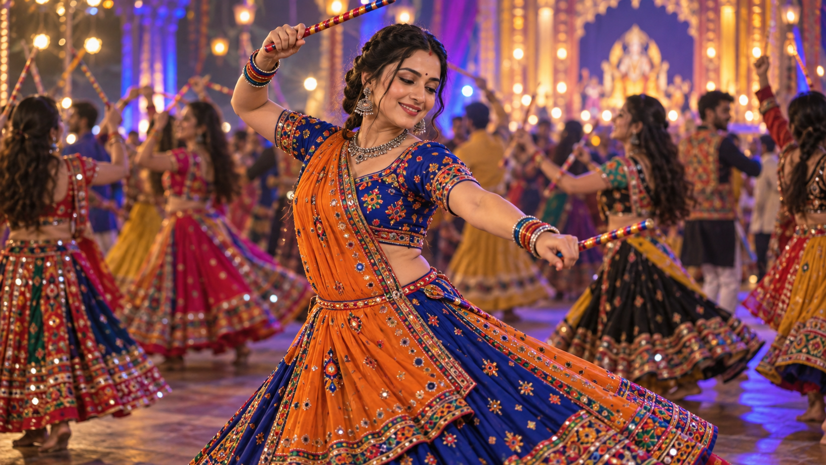Foto AI Chaniya Choli: Dandiya Beat Oranye-Biru
